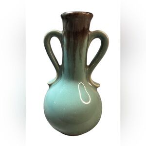 Title: Vintage Green & Brown Drip Glaze Ceramic Vase Double Handle 4.5" Tall MCM